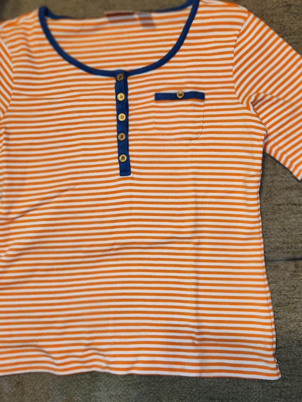 Chico's Orange and White Striped Henley with Navy Trim